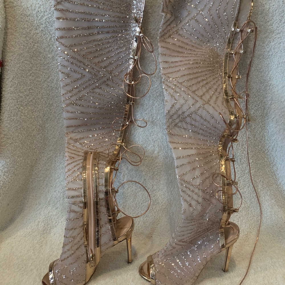Elegant Glitter Lace-Up Thigh-High Boots
